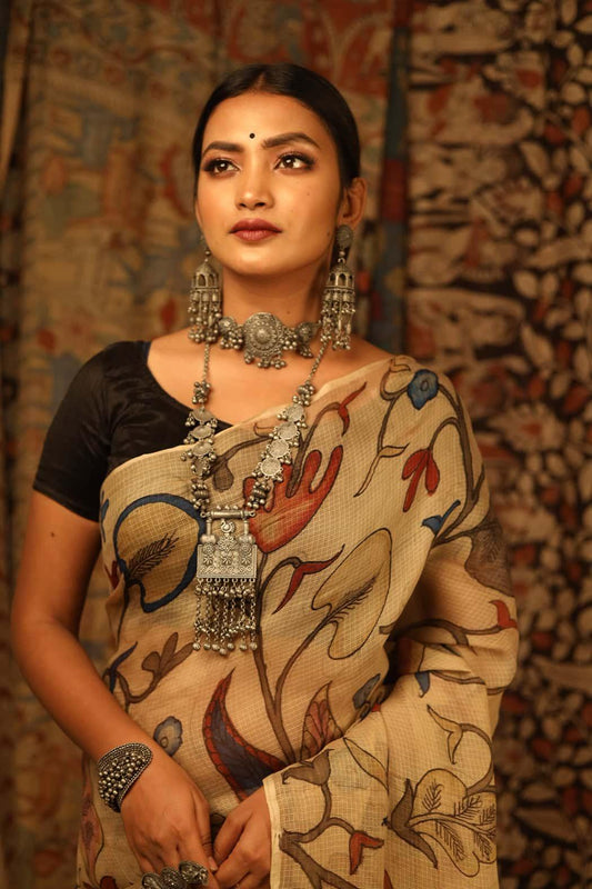 Traditional Handpainted Pen Kalamkari Kota Silk Saree  |  Warm Beige