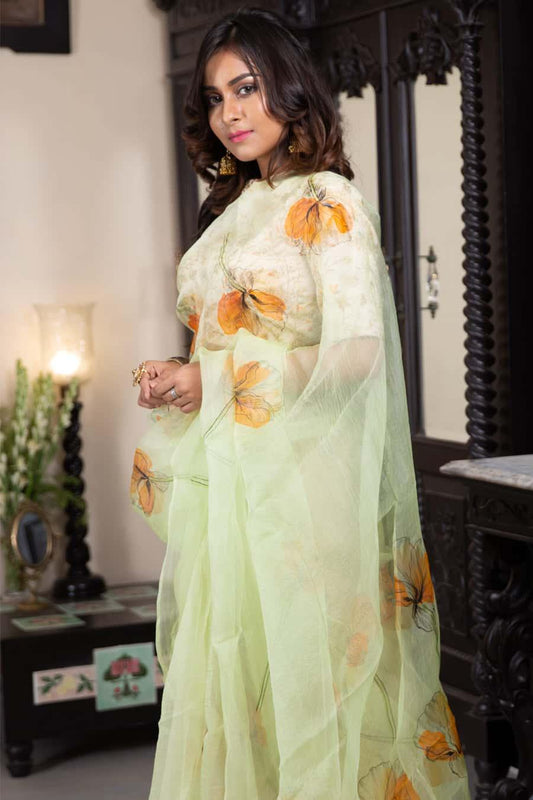 Poppy Vector Handpainting on a Pastel Green-Organza Hand-painted Sari-022 - Indeloom