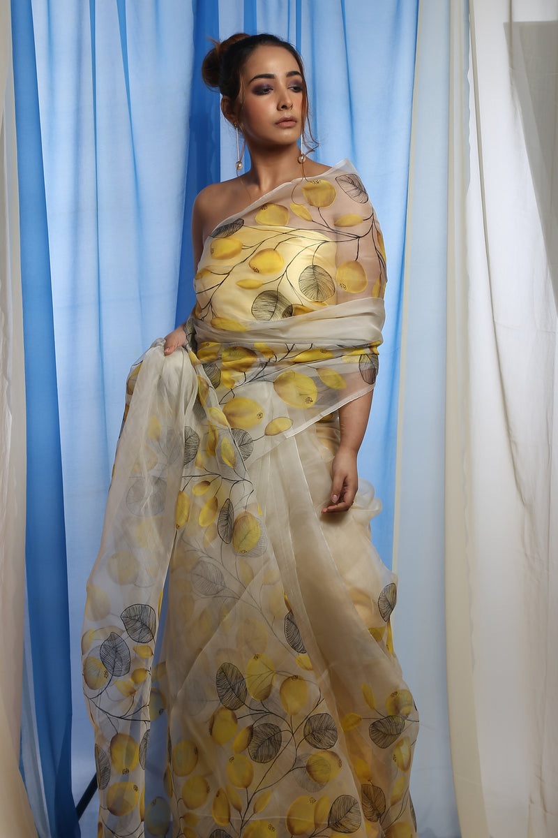Yellow Grey Vector Floral on Ivory White Organza Hand-painted Sari