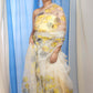 Yellow Grey Vector Floral on Ivory White Organza Hand-painted Sari-050
