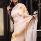 Pink Pastel Floral Handpainted in Red and Orange-Organza Hand-painted Sari-043