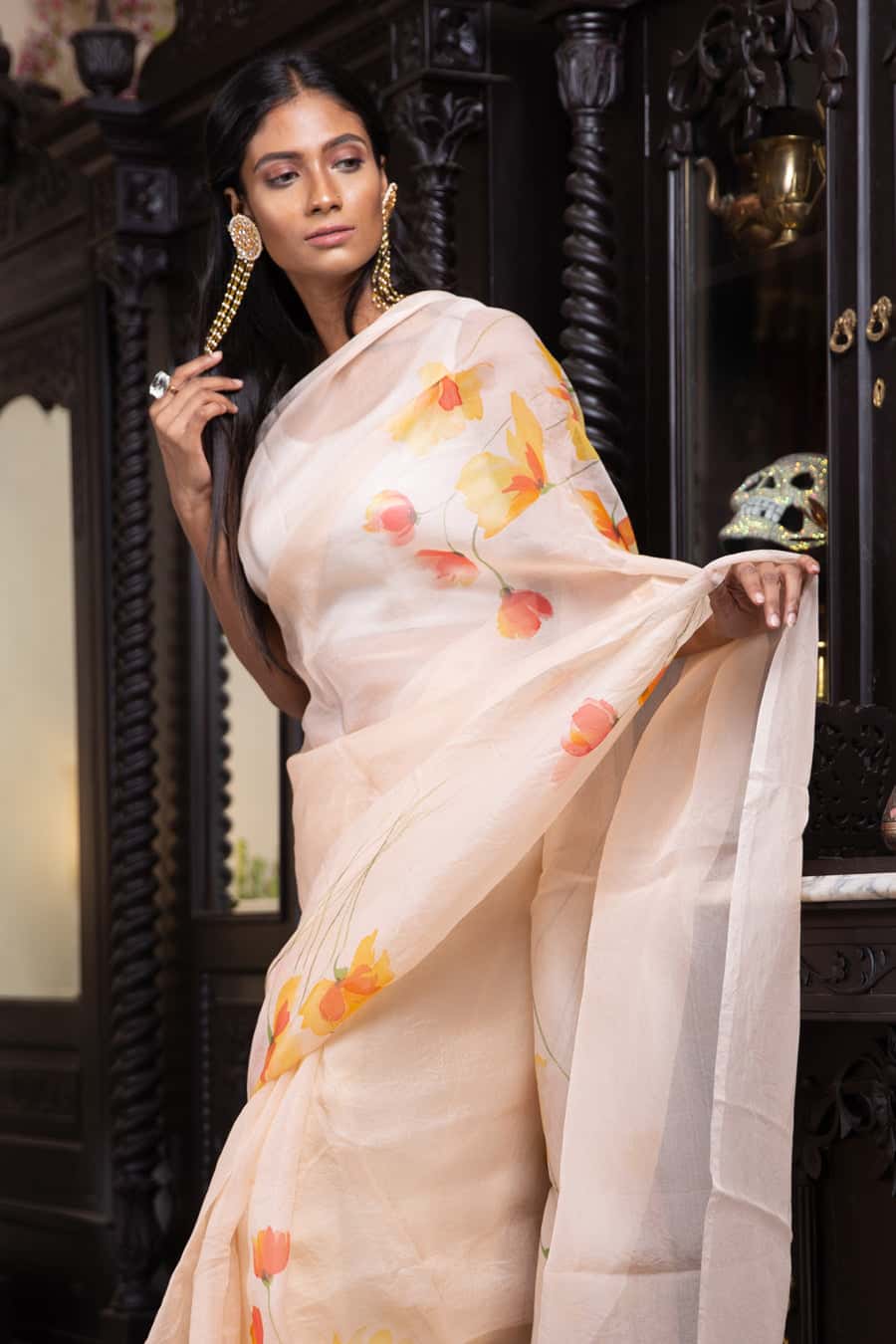 Pink Pastel Floral Handpainted in Red and Orange-Organza Hand-painted Sari-043