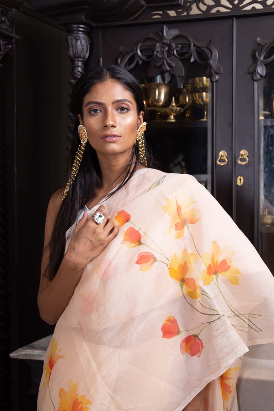 Pink Pastel Floral Handpainted in Red and Orange-Organza Hand-painted Sari-043