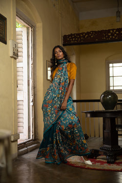Hand-Stitched Kantha Saree Made With Tussar Silk In Tiffany Blue