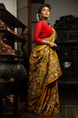 Handmade Bangalore Silk Saree In Yellow Stitched With Work Kantha Sari