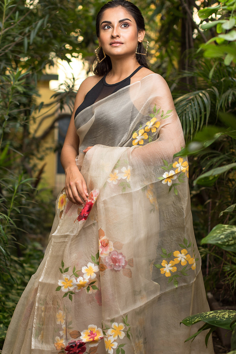 Roses and Wild Flowers Garden Organza Hand-painted Sari
