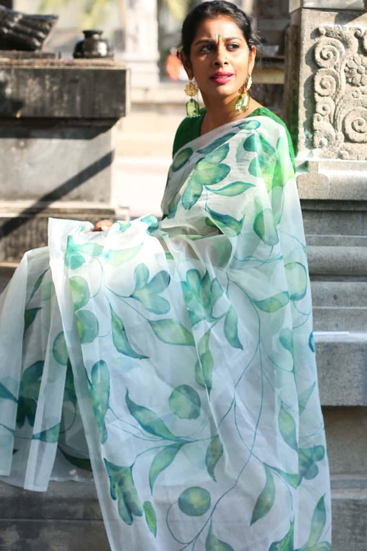 Moss Green Floral Garden Organza Hand-painted Sari-024 - Indeloom