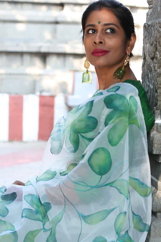 Moss Green Floral Garden Organza Hand-painted Sari-024