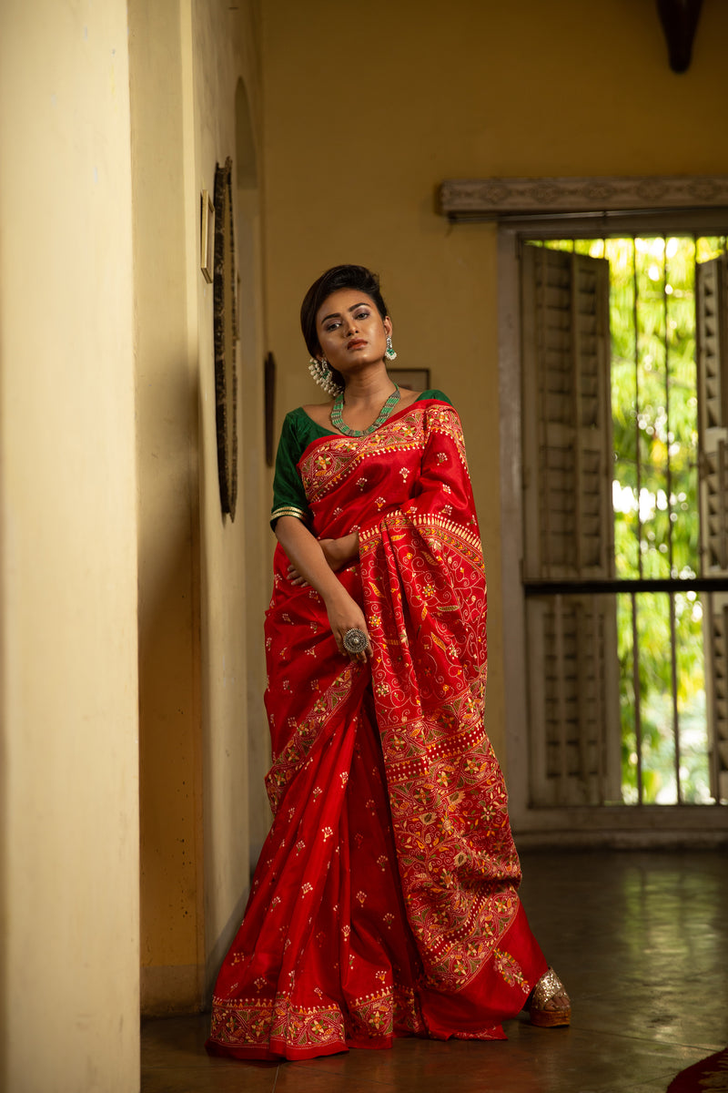 Kantha Stitched Sari In Red