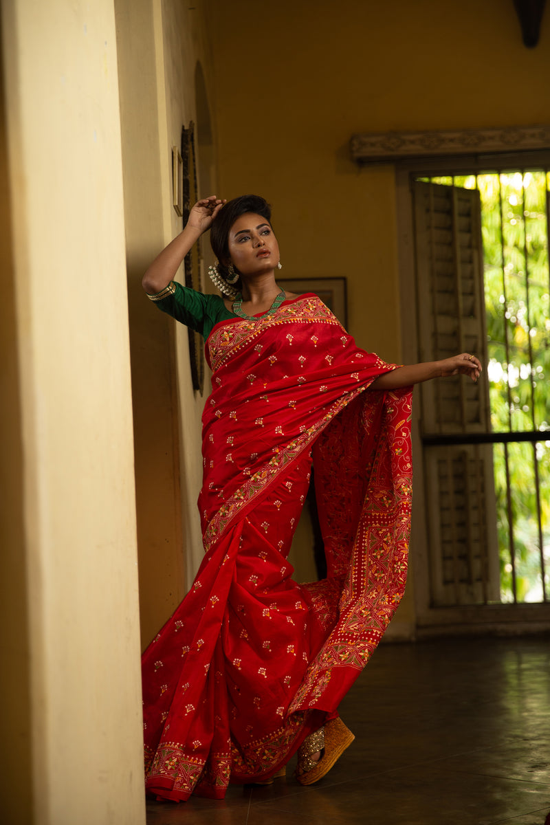 Kantha Stitched Sari In Red