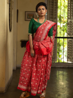 Hand-Stitched Kantha Sari In Red With White Minute Stitches