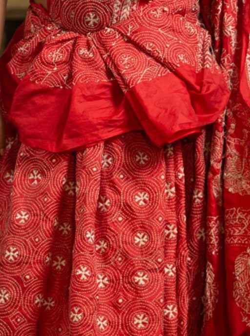 Hand-Stitched Kantha Sari In Red With White Minute Stitches