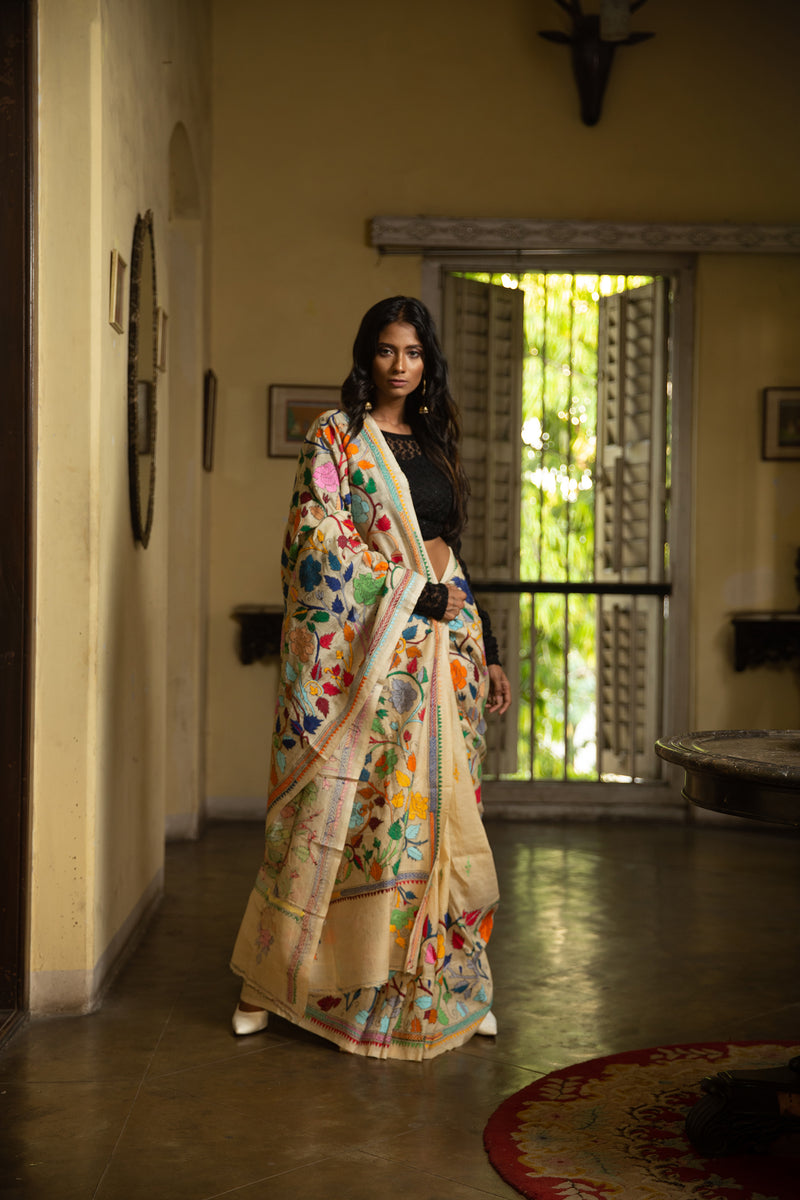 Hand-Stitched Nakshi Kantha Saree In Cream Color Made With Tussar
