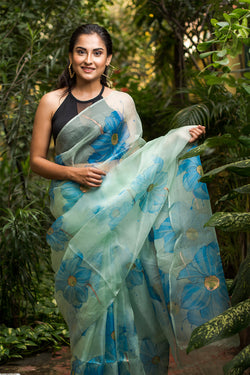 Lovely Peonies Blue Floral with Golden Buds- Organza Hand-painted Sari