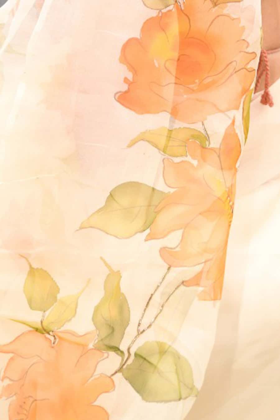 The Orange Floral Garden on Ivory White-Organza Hand-painted Saree-011