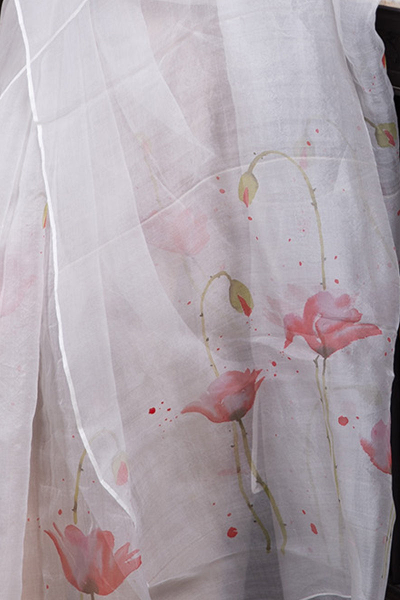 The Handcrafted Pink Poppies Organza Hand-painted Saree
