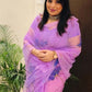 Lotus Flower Handpaint on Violet-Organza Hand-painted Sari-033 - indeloom