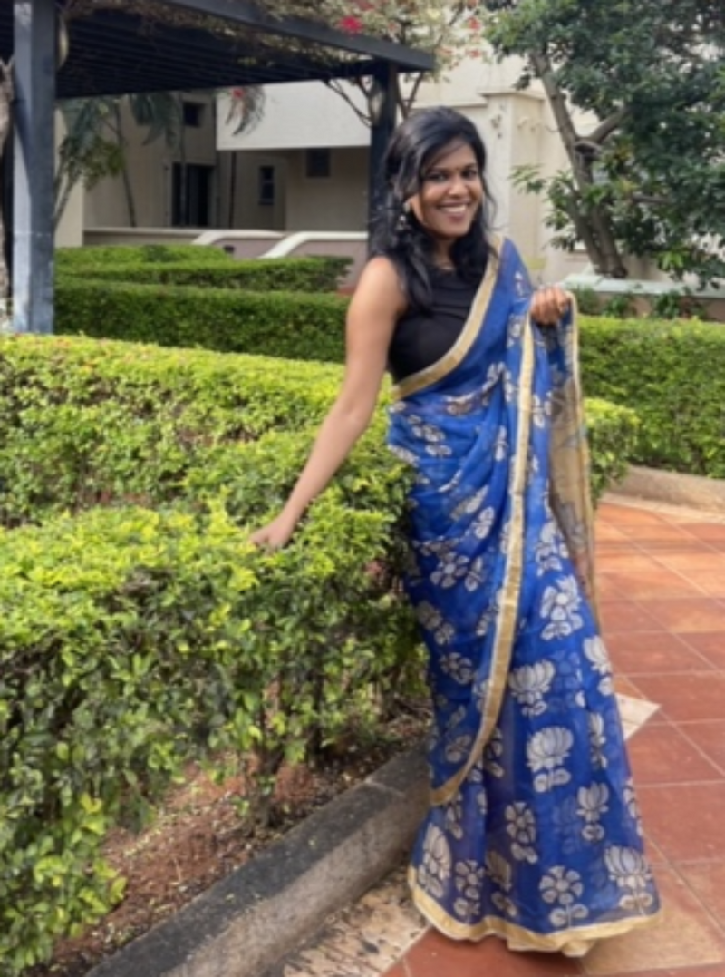 Pen Kalamkari Sari Blue Lotus  Garden  And Swams on Pallu  In Kota Doria Silk