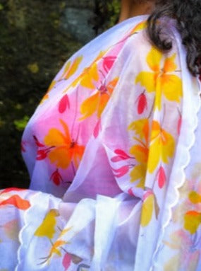 Yellow and Pink Florals On Ivory White-Organza Hand-painted Sari