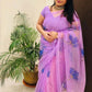 Lotus Flower Handpaint on Violet-Organza Hand-painted Sari-033 - indeloom