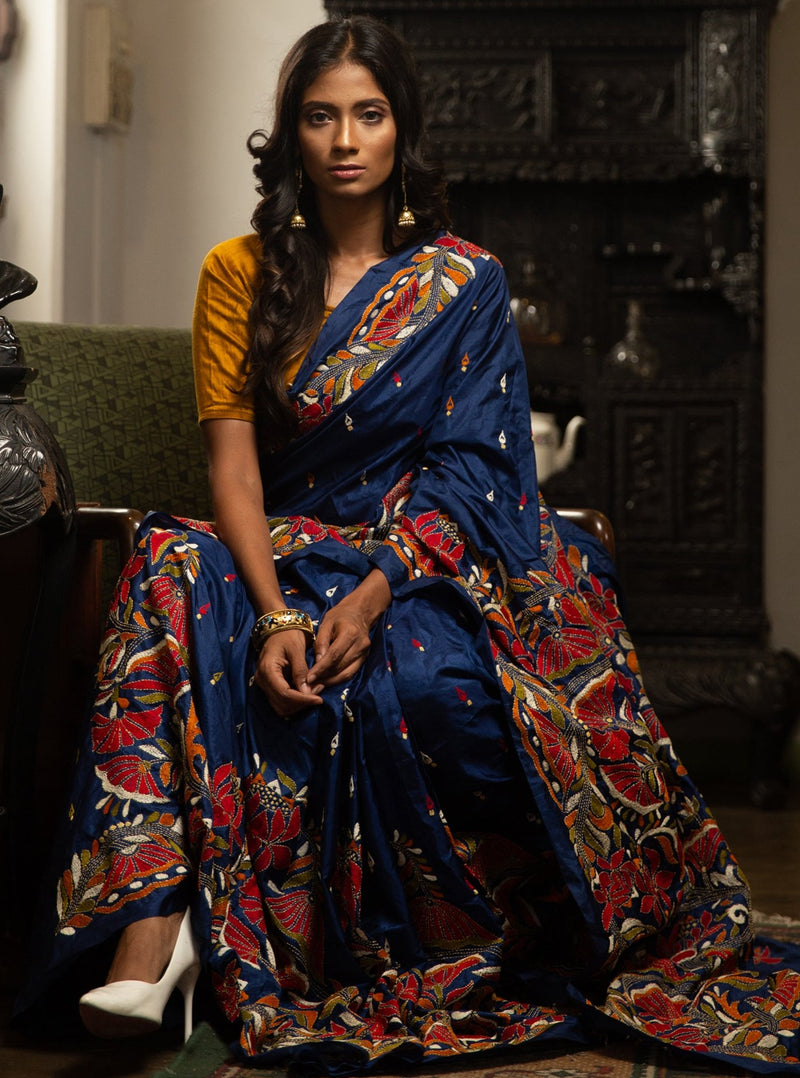 Midnight Blue Nakshi Kantha  Saree Stitched With Floral designs