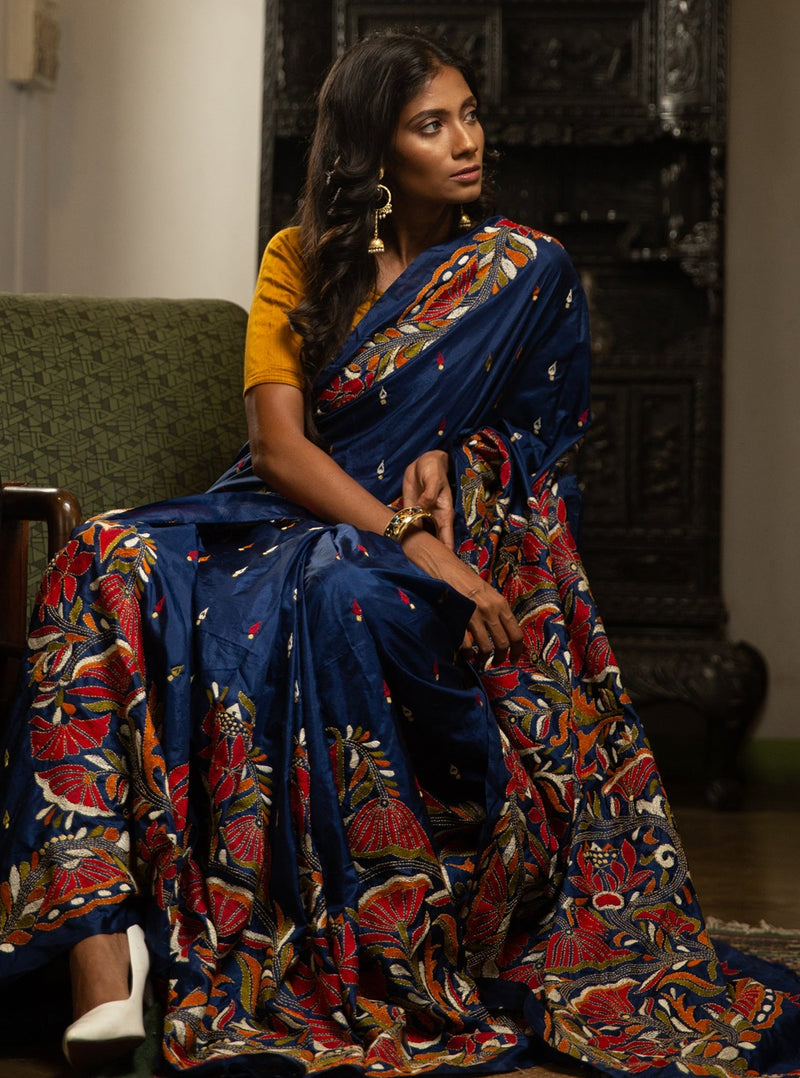 Midnight Blue Nakshi Kantha  Saree Stitched With Floral designs