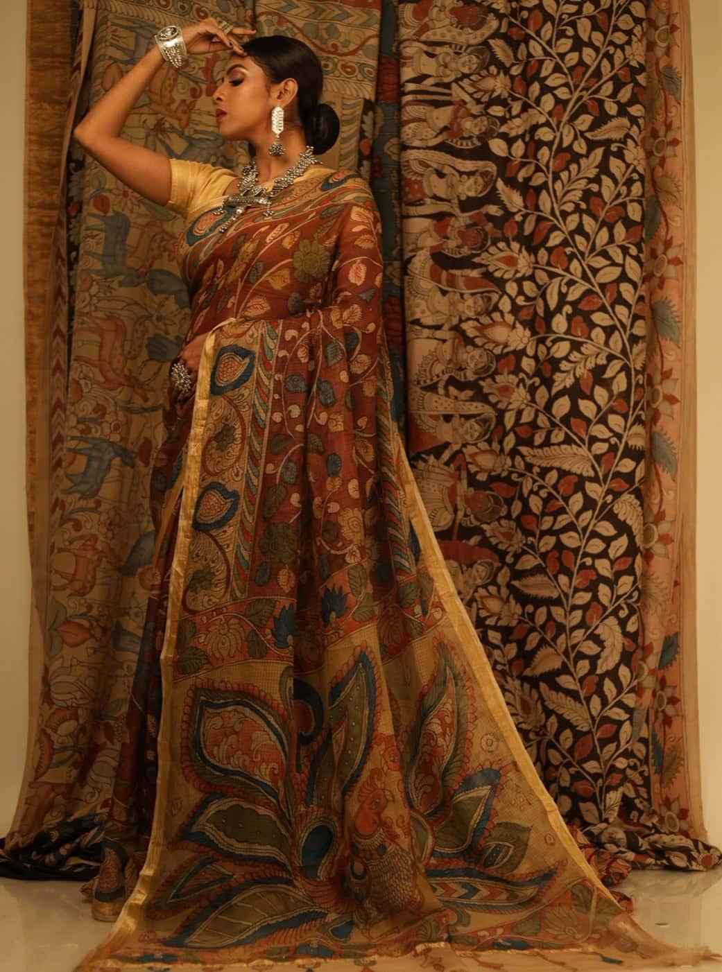 Traditional Handpainted Pen Kalamkari Kota Silk Saree  |  Cocoa Brown