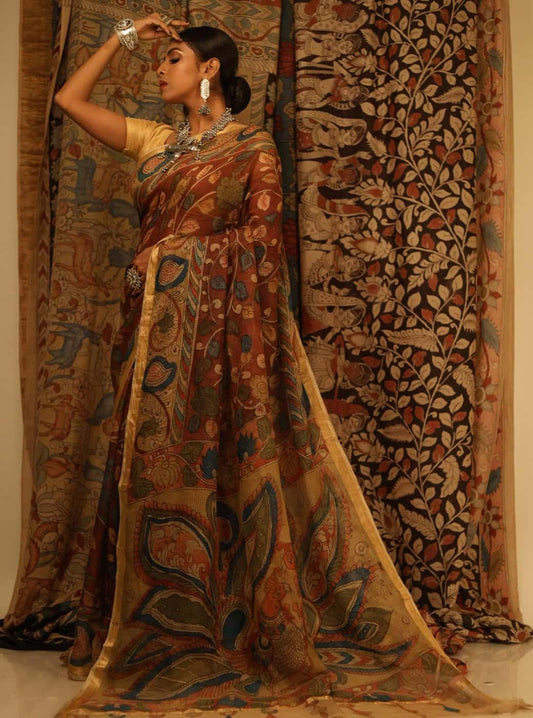 Traditional Handpainted Pen Kalamkari Kota Silk Saree  |  Cocoa Brown
