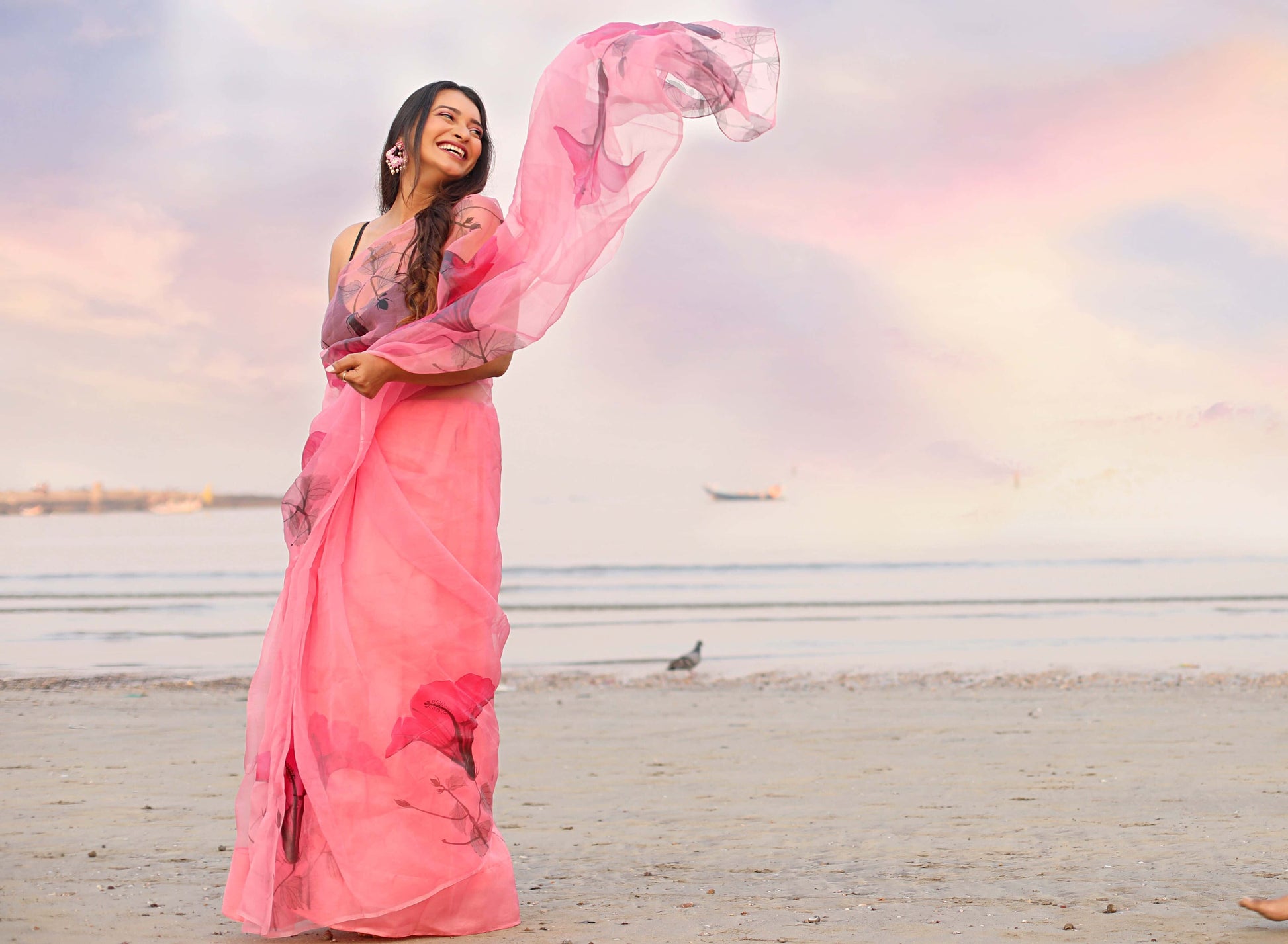 Dark Pink Florals on Organza Hand-painted Saree-009 - indeloom