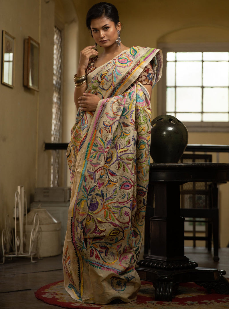 Off- White Kantha Sari - Patterns With 22 shades
