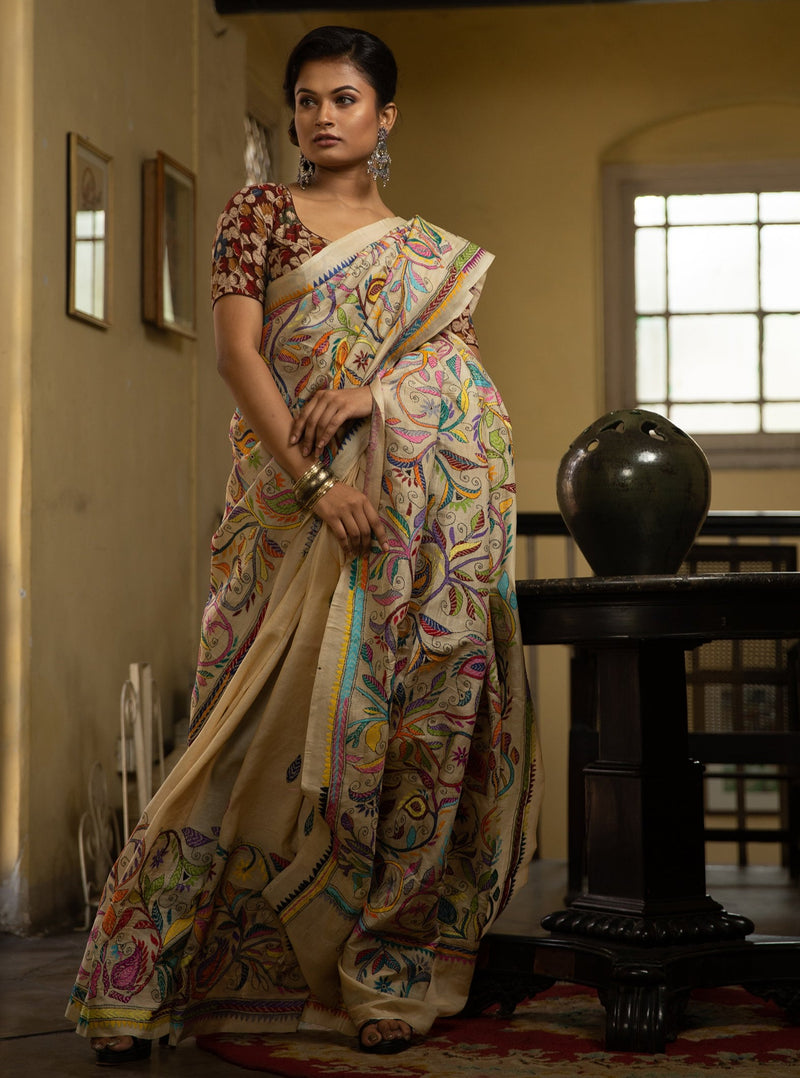 Off- White Kantha Sari - Patterns With 22 shades
