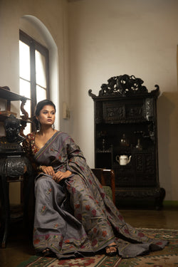 Slate Grey Kantha Stitched Saree