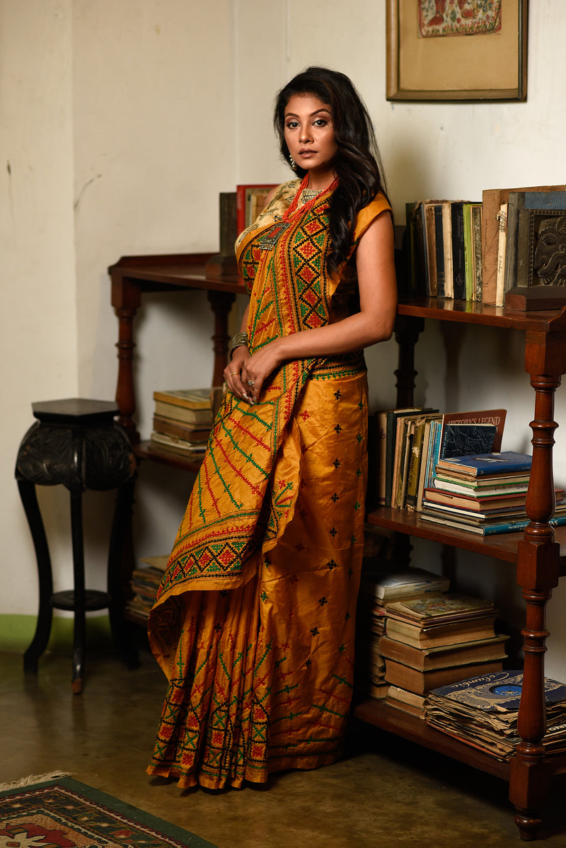 Gujrati Stitched Kantha Saree In Golden Yellow
