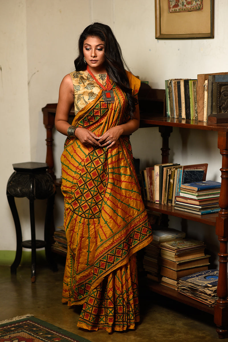 Gujrati Stitched Kantha Saree In Golden Yellow