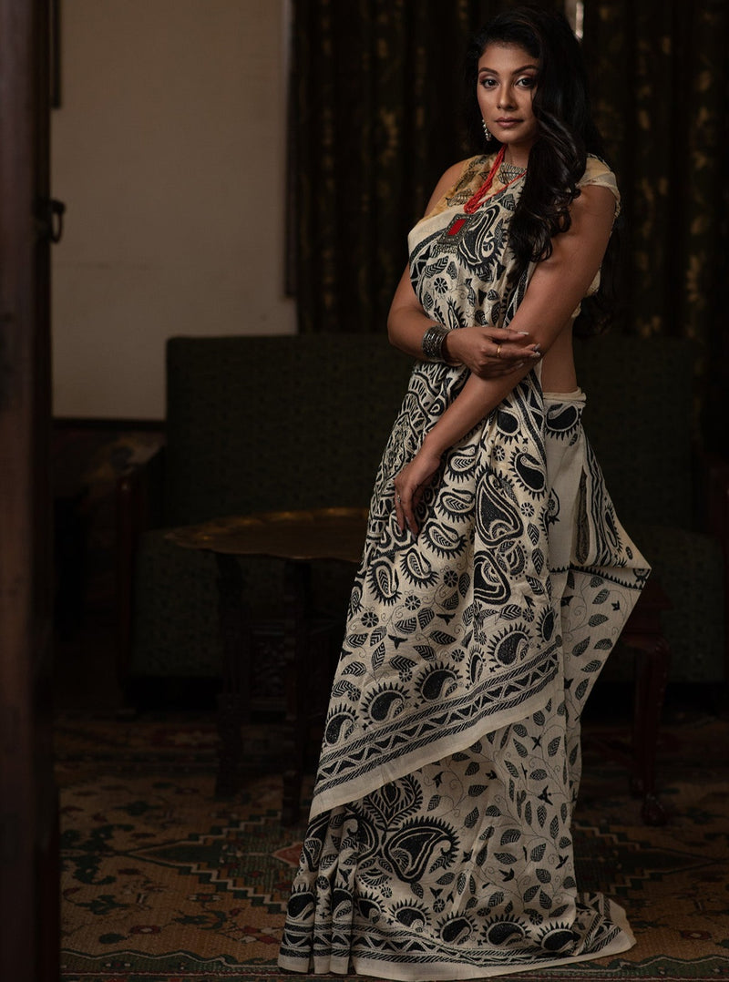 Off-White Stitched Kantha Sari With Tussar Silk