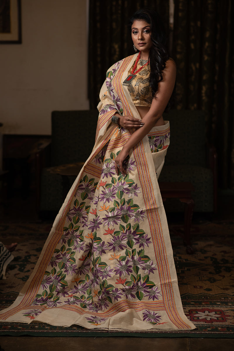 Kantha Stitched Saree - Sepia