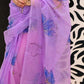 Lotus Flower Handpaint on Violet-Organza Hand-painted Sari-033 - indeloom