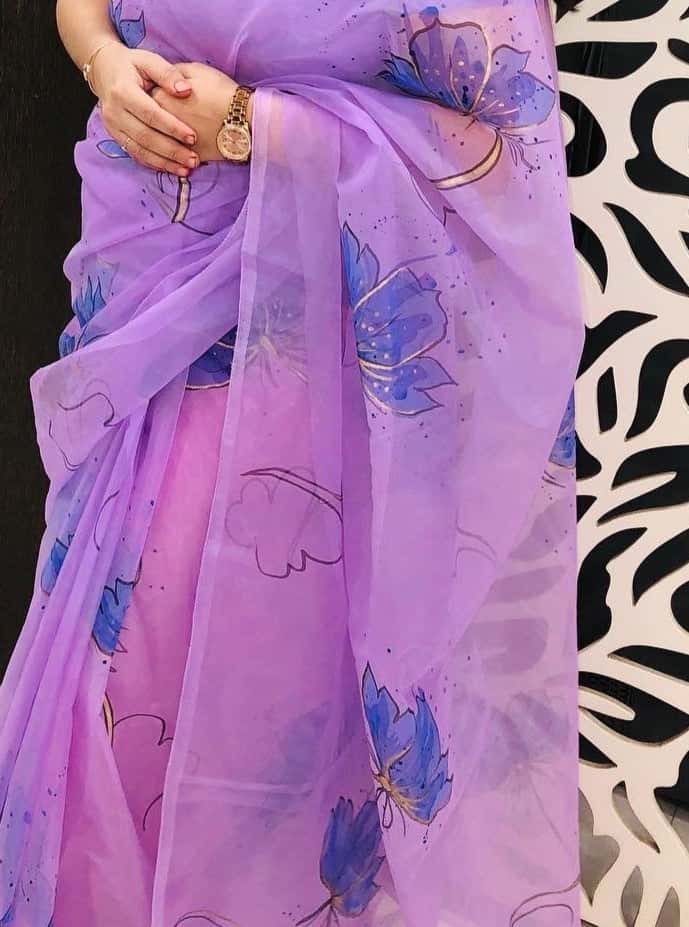 Lotus Flower Handpaint on Violet-Organza Hand-painted Sari-033 - indeloom