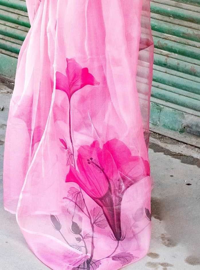 The Hibiscuses Garden Florals in Pink-Organza Hand-painted Sari