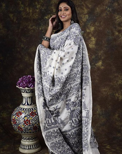 Village Floral Fauna Crafted on White Mulberry Silk on Kantha Sari
