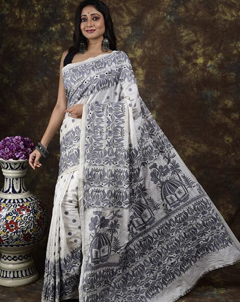 Village Floral Fauna Crafted on White Mulberry Silk on Kantha Sari