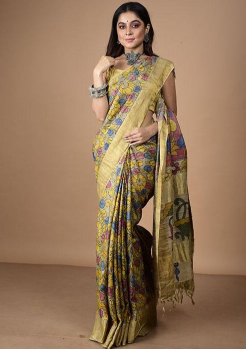 Bumblebee Yellow Floral with Red In Palla On Tussar silk Saree