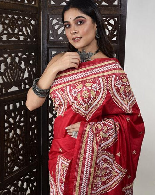 Maroon Red Floral Geometric Pattern Kantha Sari Crafted on Mulberry Silk