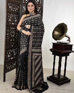 Nakshi Kantha Sari Geometric Pattern Pallu on Mulberry Siik