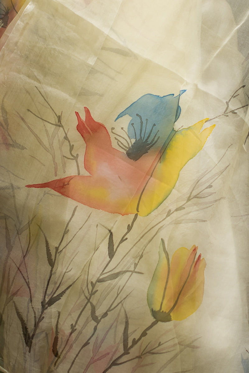 Strelitzia-Birds of Paradise Multicolored-Organza Hand-painted Sari