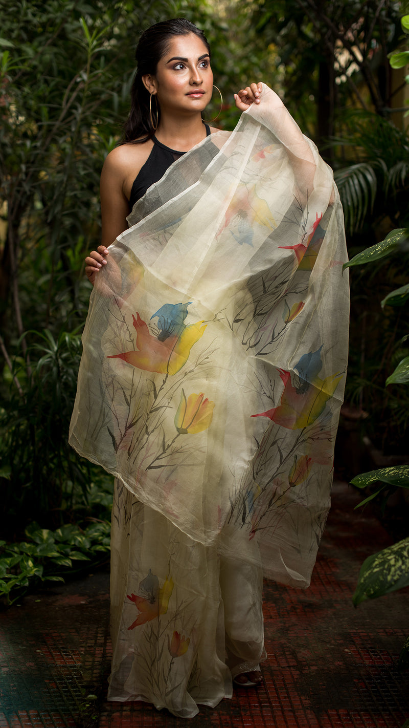 Strelitzia-Birds of Paradise Multicolored-Organza Hand-painted Sari