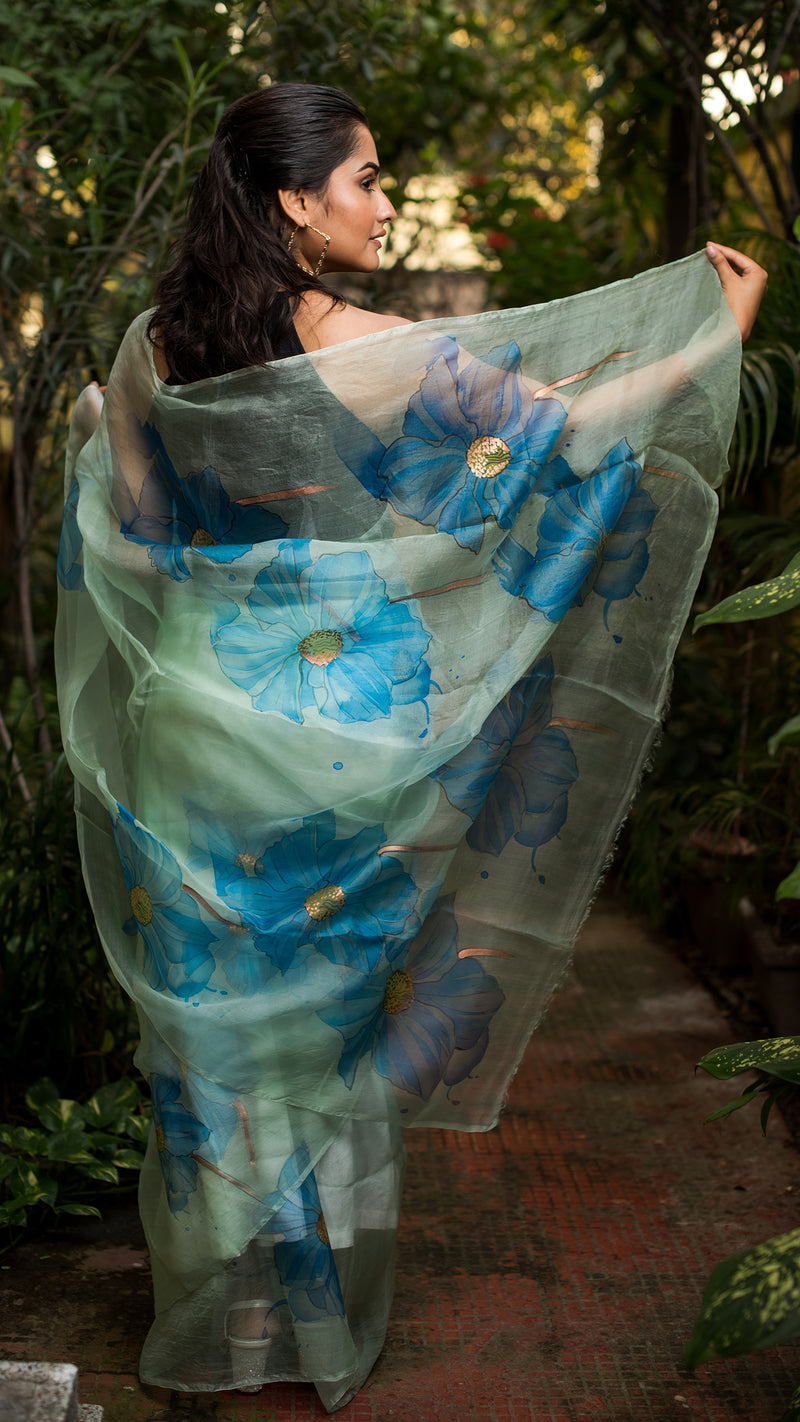 Lovely Peonies Blue Floral with Golden Buds- Organza Hand-painted Sari