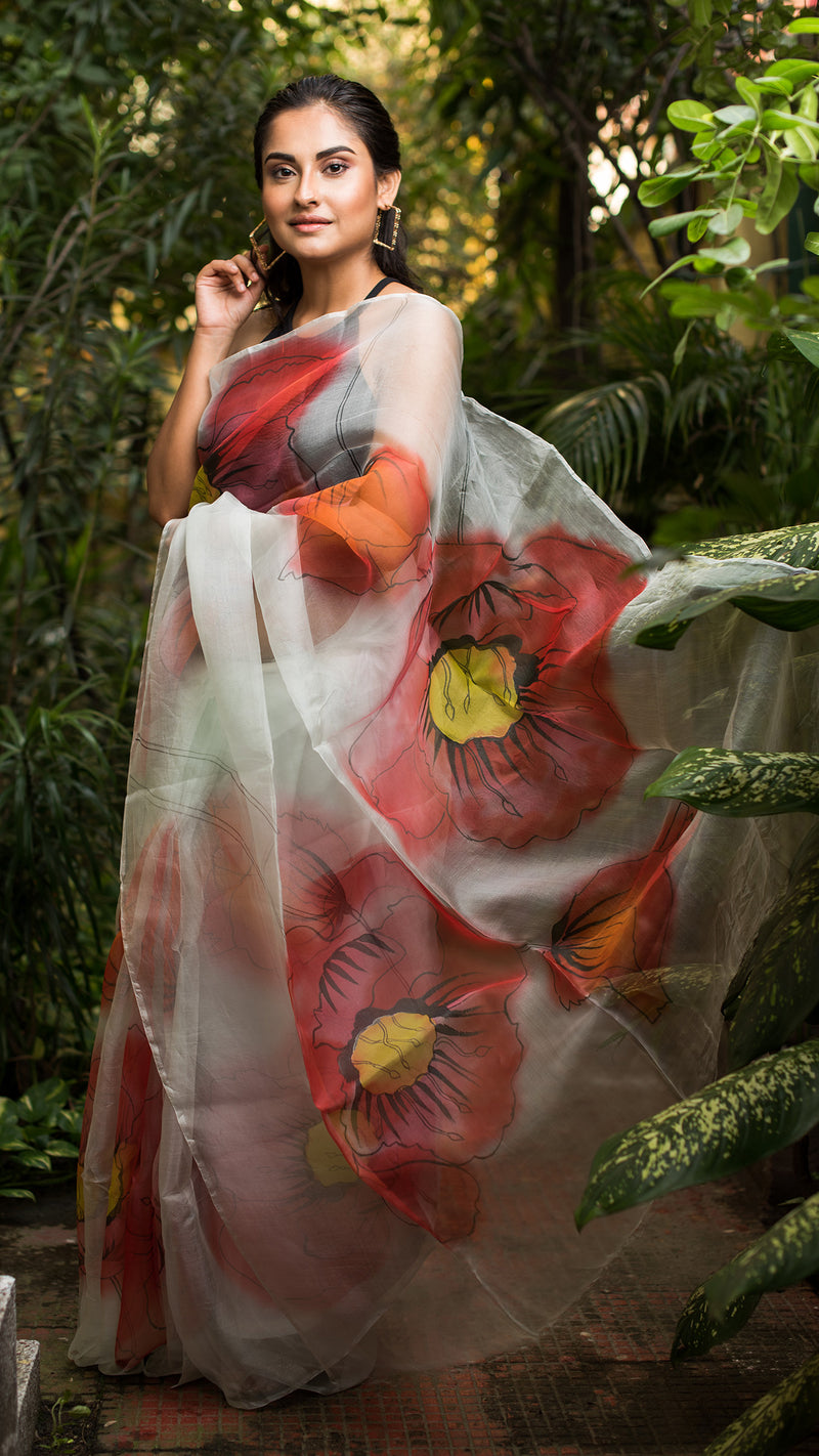 The Poppy Burst Organza Hand-painted Sari