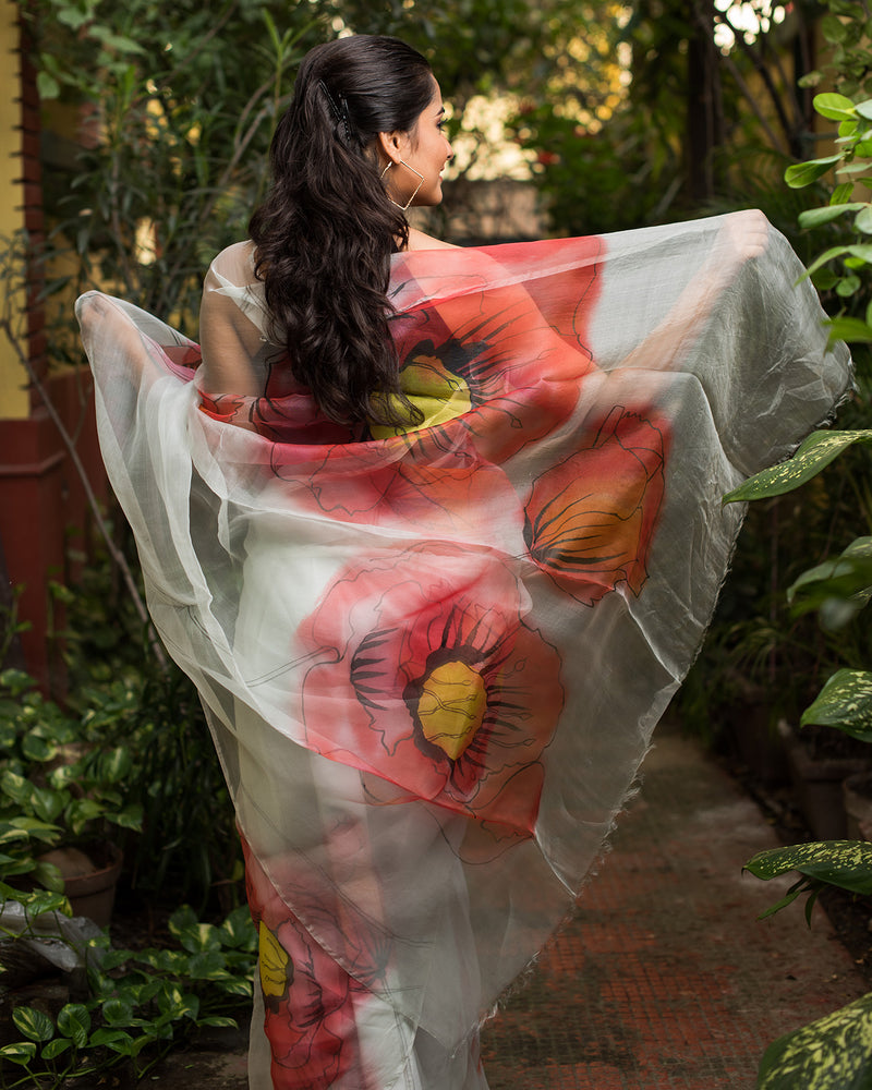 The Poppy Burst Organza Hand-painted Sari