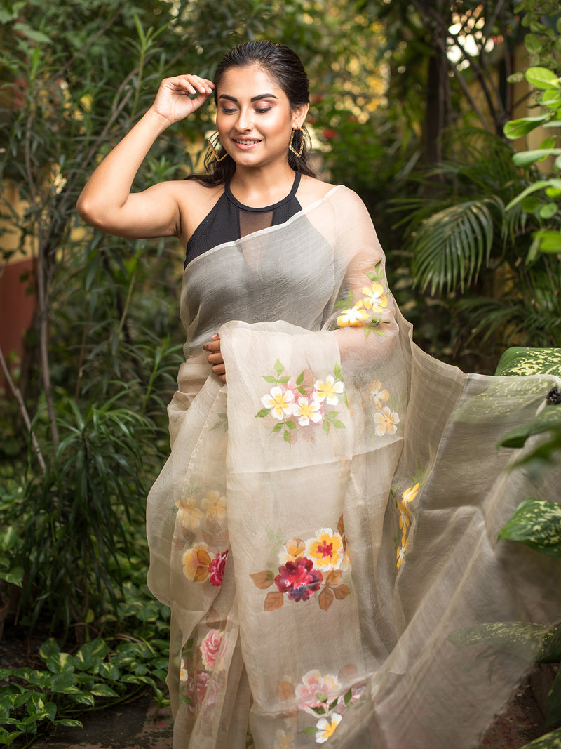Roses and Wild Flowers Garden Organza Hand-painted Sari
